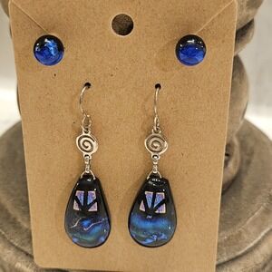 Lot of 2 Artisan Blue Cobalt Foiled Glass Art Earrings Stud & Dangle